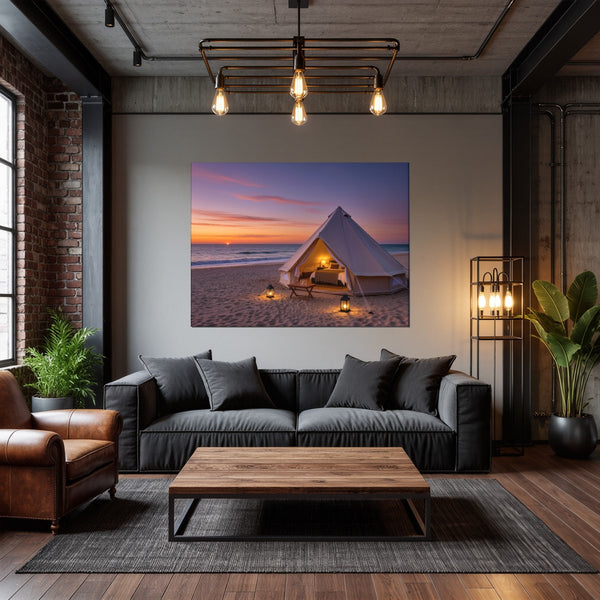 Leinwandbild Romantisches Strandzelt bei Sonnenuntergang B-00019 fuer Wohnzimmer dunkelanthrazit Querformat