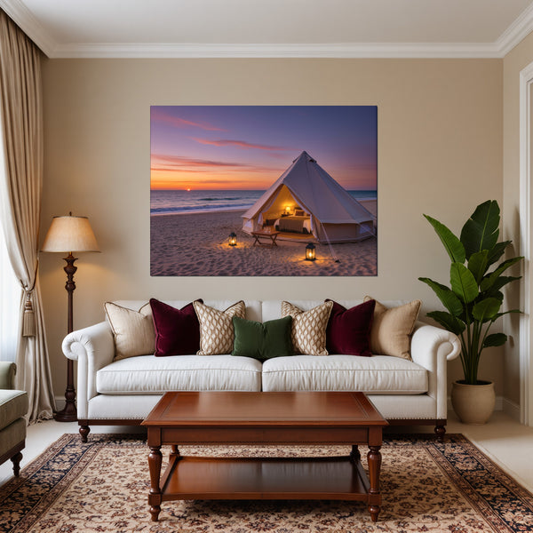Leinwandbild Romantisches Strandzelt bei Sonnenuntergang B-00019 fuer Wohnzimmer warmeFarben Querformat