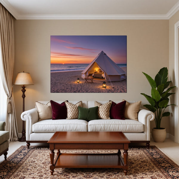 Leinwandbild Romantisches Strandzelt bei Sonnenuntergang B-00019 fuer Wohnzimmer warmeFarben Querformat