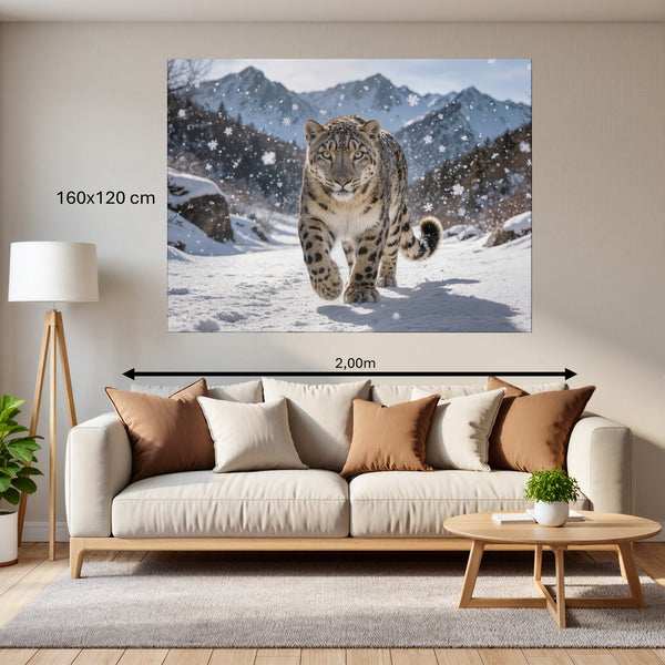 Leinwandbild Schneeleopard im Winterwunderland 160x120 cm Querformat