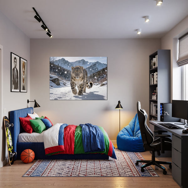 Leinwandbild Schneeleopard im Winterwunderland fuer Jugendzimmer warmeFarben Querformat
