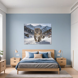 Leinwandbild Schneeleopard im Winterwunderland fuer Schlafzimmer blau Querformat