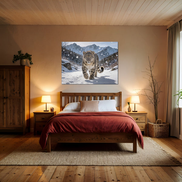 Leinwandbild Schneeleopard im Winterwunderland fuer Schlafzimmer warmeFarben Querformat