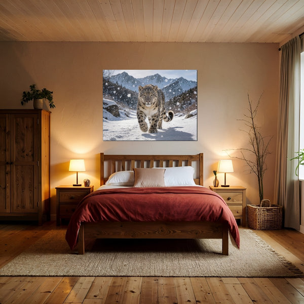 Leinwandbild Schneeleopard im Winterwunderland fuer Schlafzimmer warmeFarben Querformat