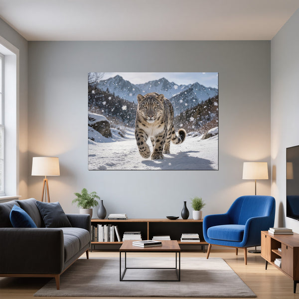 Leinwandbild Schneeleopard im Winterwunderland fuer Wohnzimmer blau Querformat