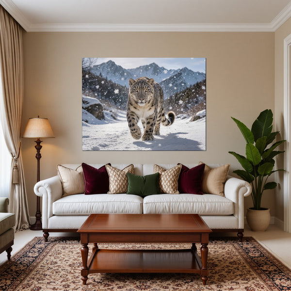 Leinwandbild Schneeleopard im Winterwunderland fuer Wohnzimmer warmeFarben Querformat