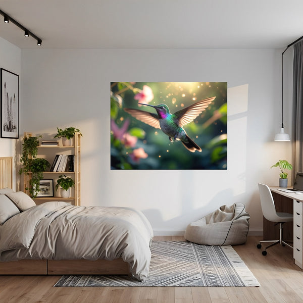 Leinwandbild Schwebender Kolibri fuer Jugendzimmer gruen Querformat