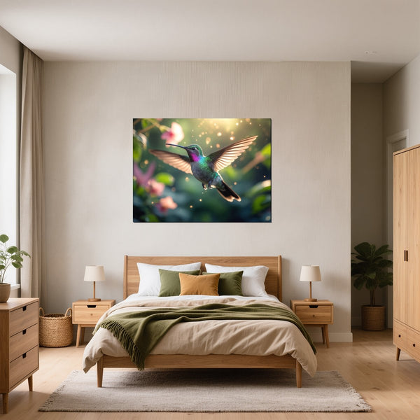 Leinwandbild Schwebender Kolibri fuer Schlafzimmer gruen Querformat