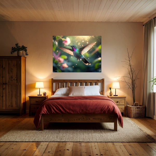 Leinwandbild Schwebender Kolibri fuer Schlafzimmer warmeFarben Querformat