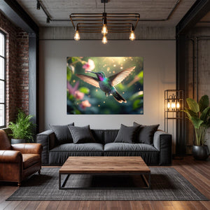 Leinwandbild Schwebender Kolibri fuer Wohnzimmer dunkelanthrazit Querformat