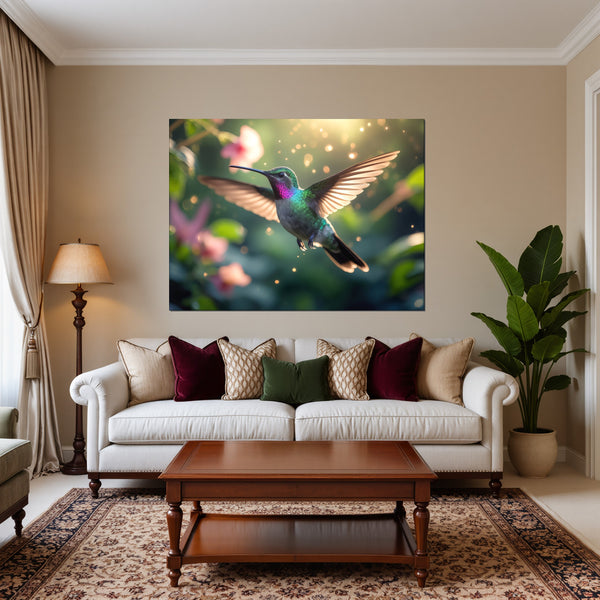 Leinwandbild Schwebender Kolibri fuer Wohnzimmer warmeFarben Querformat