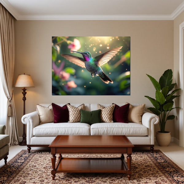 Leinwandbild Schwebender Kolibri fuer Wohnzimmer warmeFarben Querformat