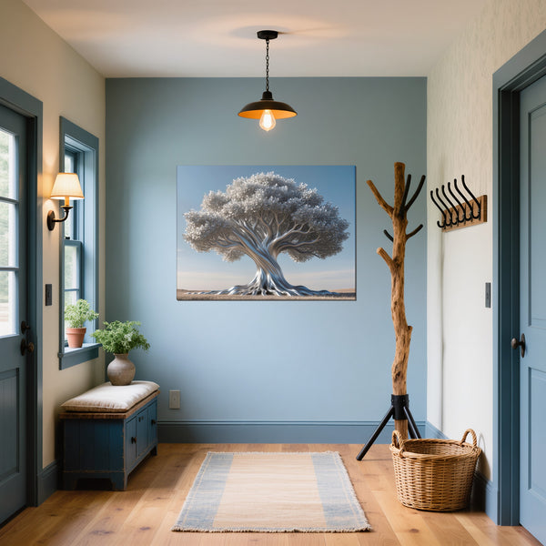 Leinwandbild Silberner Baum fuer Flur und Eingang blau Querformat