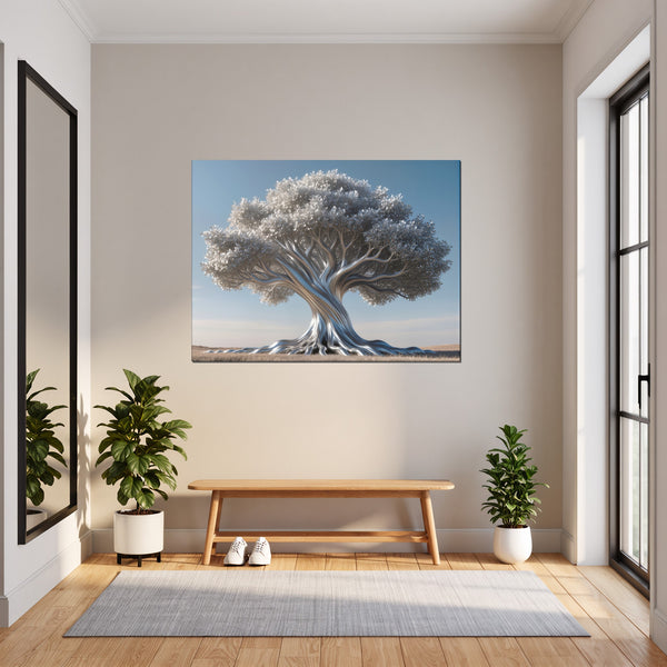 Leinwandbild Silberner Baum fuer Flur und Eingang grauoderbeige Querformat
