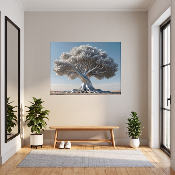 Leinwandbild Silberner Baum fuer Flur und Eingang grauoderbeige Querformat