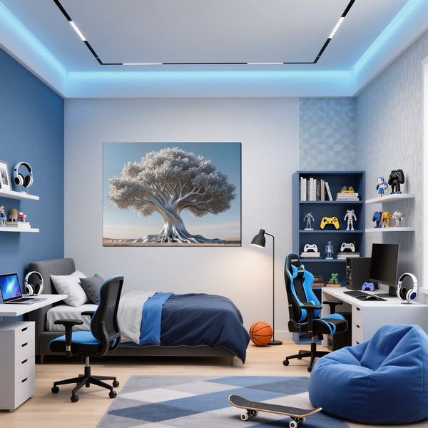 Leinwandbild Silberner Baum fuer Jugendzimmer blau Querformat
