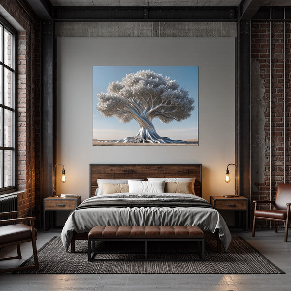 Leinwandbild Silberner Baum fuer Schlafzimmer dunkelanthrazit Querformat