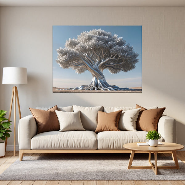 Leinwandbild Silberner Baum fuer Wohnzimmer grauoderbeige Querformat