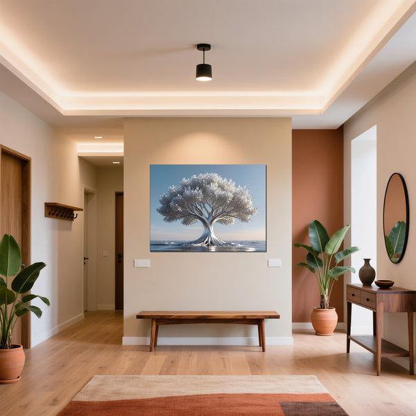 Leinwandbild Silberner Baum im Wasser fuer Flur und Eingang warmeFarben Querformat