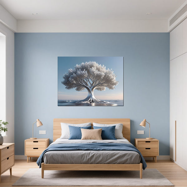 Leinwandbild Silberner Baum im Wasser fuer Schlafzimmer blau Querformat