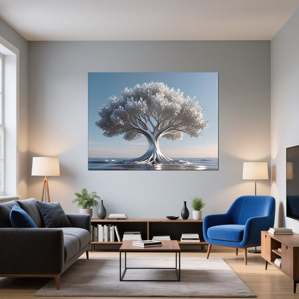 Leinwandbild Silberner Baum im Wasser fuer Wohnzimmer blau Querformat