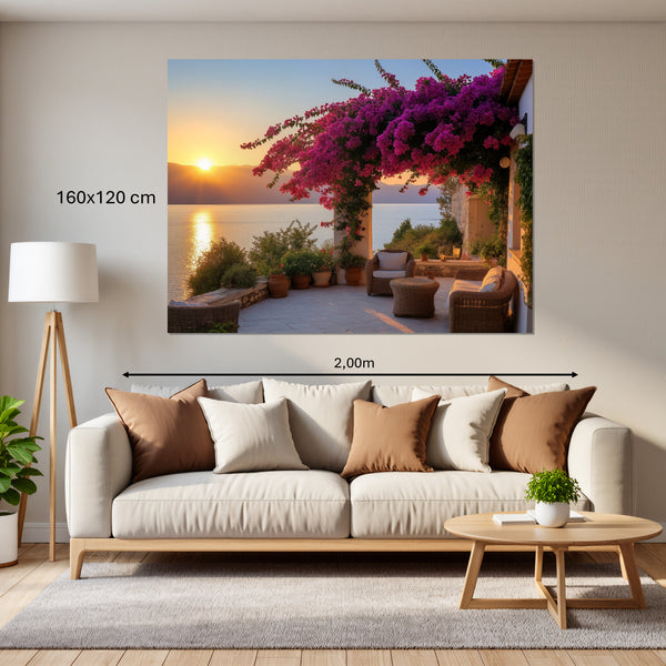 Leinwandbild Sonnenuntergang mit Bougainvillea160x120 cm Querformat