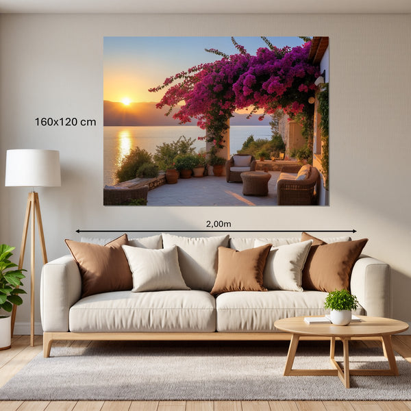 Leinwandbild Sonnenuntergang mit Bougainvillea160x120 cm Querformat