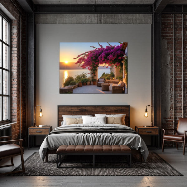 Leinwandbild Sonnenuntergang mit Bougainvillea fuer Schlafzimmer dunkelanthrazit Querformat