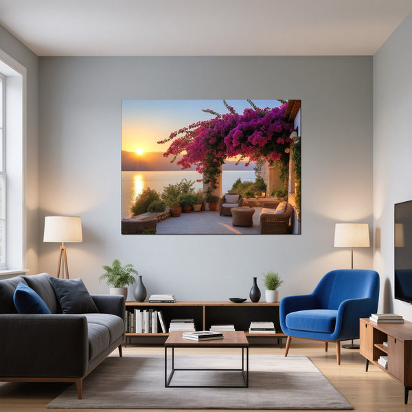 Leinwandbild Sonnenuntergang mit Bougainvillea fuer Wohnzimmer blau Querformat