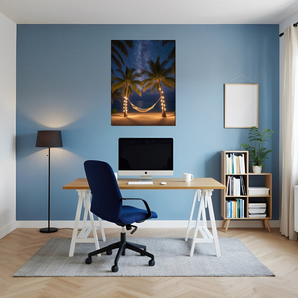 Leinwandbild Sternenhimmel über der Hängematte fuer Buero und Arbeitszimmer blau Hochformat