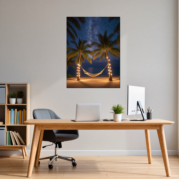 Leinwandbild Sternenhimmel über der Hängematte fuer Buero und Arbeitszimmer warmeFarben Hochformat