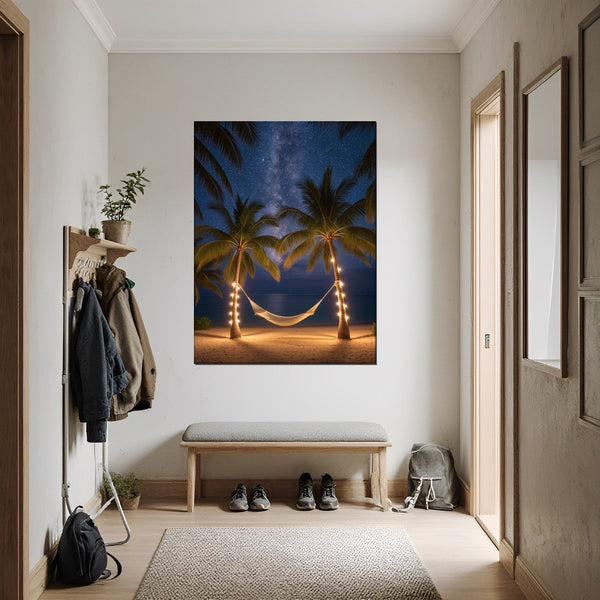 Leinwandbild Sternenhimmel über der Hängematte fuer Flur und Eingang dunkelanthrazit Hochformat
