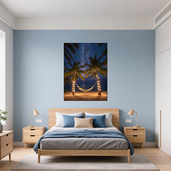 Leinwandbild Sternenhimmel über der Hängematte fuer Schlafzimmer blau Hochformat