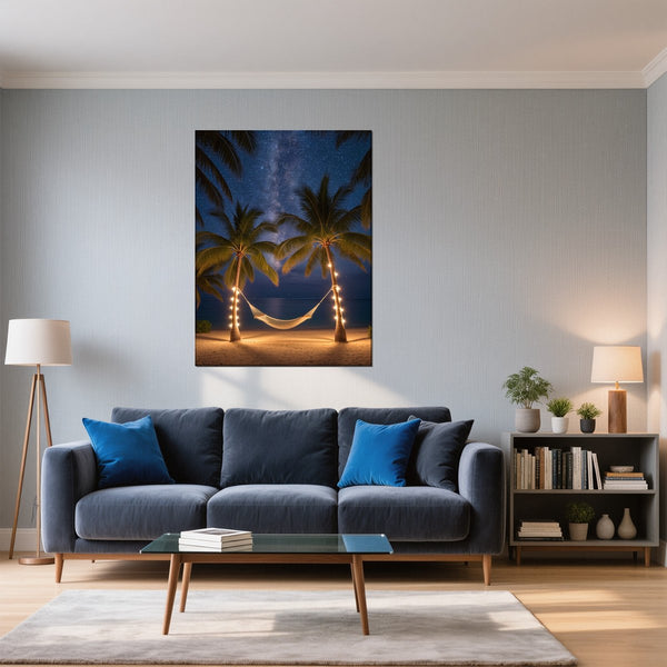 Leinwandbild Sternenhimmel über der Hängematte fuer Wohnzimmer blau Hochformat