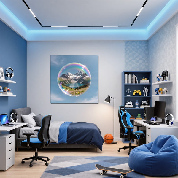 Leinwandbild Traumhafte Berglandschaft in einer Seifenblase fuer Jugendzimmer blau Quadrat