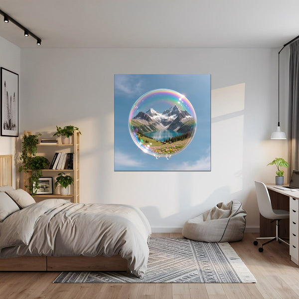 Leinwandbild Traumhafte Berglandschaft in einer Seifenblase fuer Jugendzimmer gruen Quadrat