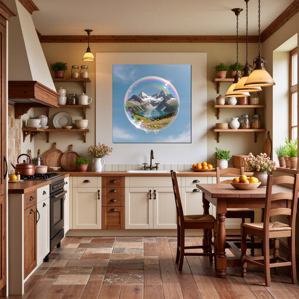 Leinwandbild Traumhafte Berglandschaft in einer Seifenblase fuer Kueche und Esszimmer warmeFarben Quadrat