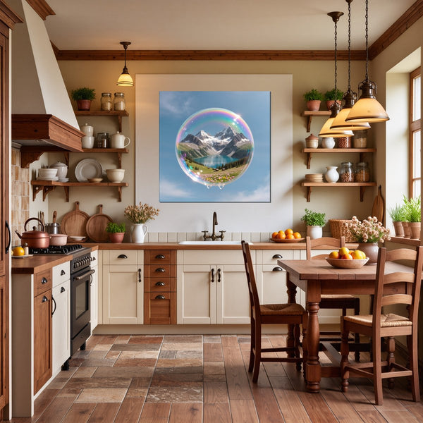 Leinwandbild Traumhafte Berglandschaft in einer Seifenblase fuer Kueche und Esszimmer warmeFarben Quadrat