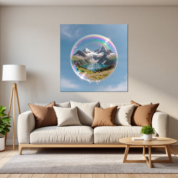 Leinwandbild Traumhafte Berglandschaft in einer Seifenblase fuer Wohnzimmer grauoderbeige Quadrat