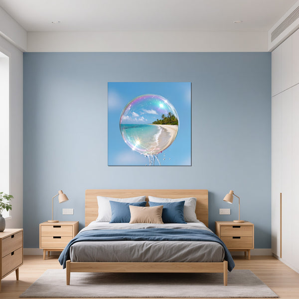 Leinwandbild Traumhafte Seifenblase am Strand fuer Schlafzimmer blau Quadrat
