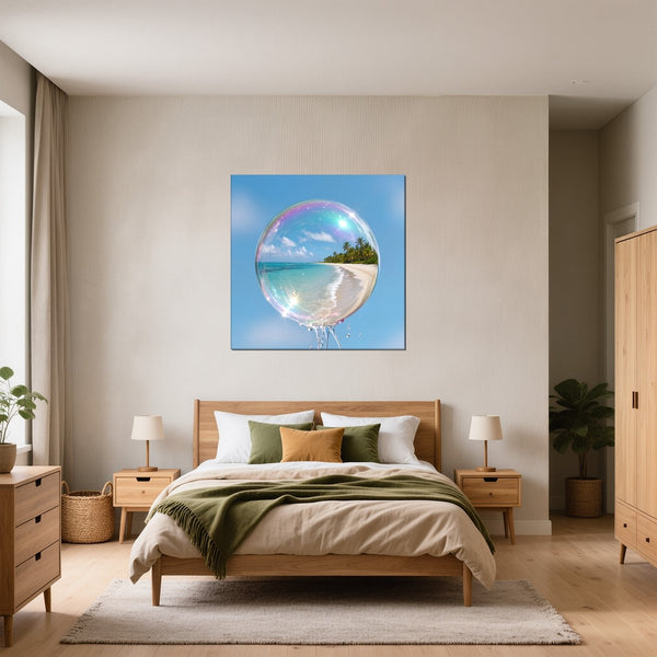 Leinwandbild Traumhafte Seifenblase am Strand fuer Schlafzimmer gruen Quadrat