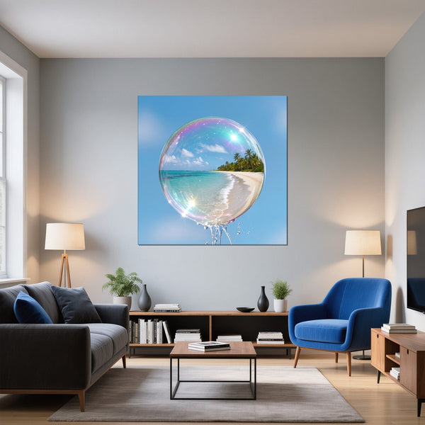 Leinwandbild Traumhafte Seifenblase am Strand fuer Wohnzimmer blau Quadrat