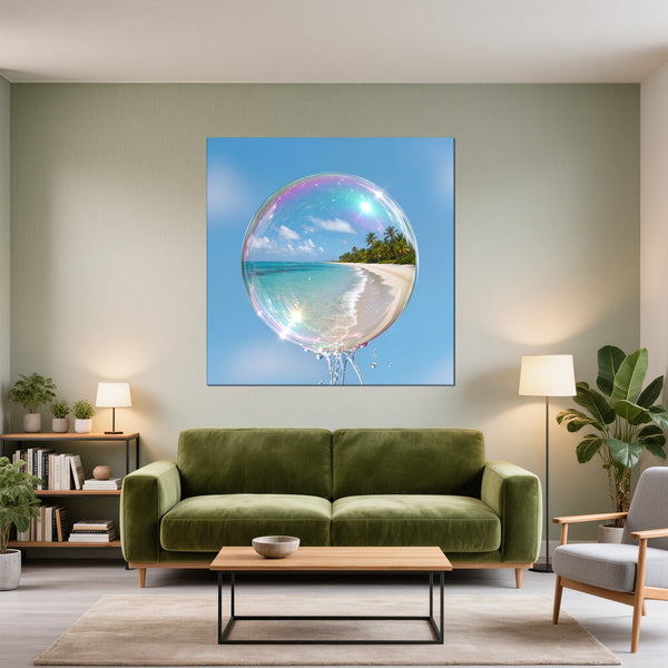 Leinwandbild Traumhafte Seifenblase am Strand fuer Wohnzimmer gruen Quadrat