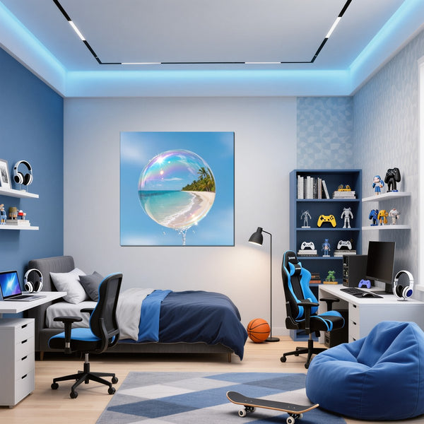 Leinwandbild Traumhafte Strandansicht in einer Seifenblase fuer Jugendzimmer blau Quadrat