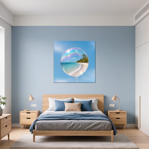 Leinwandbild Traumhafte Strandansicht in einer Seifenblase fuer Schlafzimmer blau Quadrat