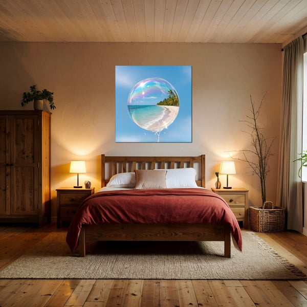 Leinwandbild Traumhafte Strandansicht in einer Seifenblase fuer Schlafzimmer warmeFarben Quadrat