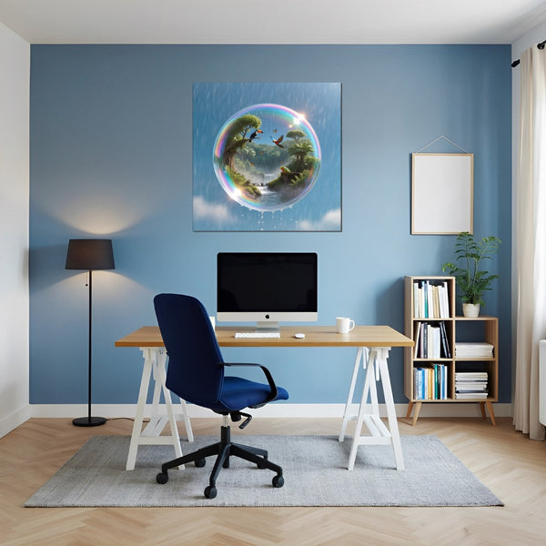 Leinwandbild Tropisches Paradies in einer Seifenblase fuer Buero und Arbeitszimmer blau Quadrat