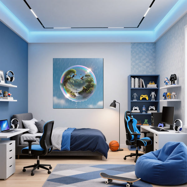 Leinwandbild Tropisches Paradies in einer Seifenblase fuer Jugendzimmer blau Quadrat