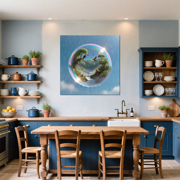 Leinwandbild Tropisches Paradies in einer Seifenblase fuer Kueche und Esszimmer blau Quadrat