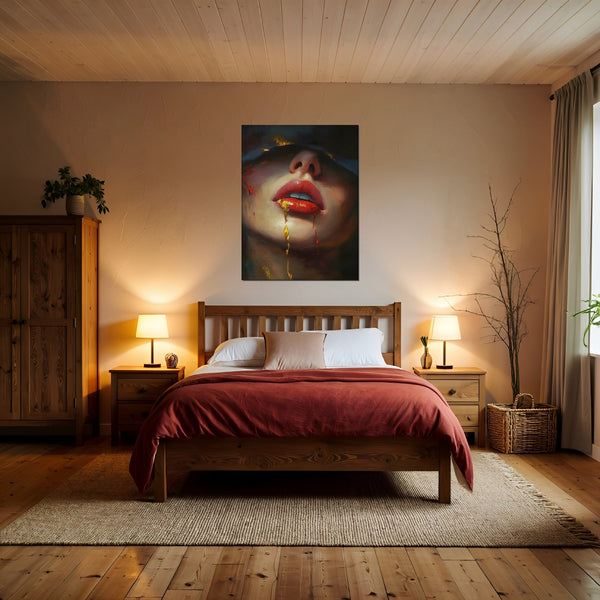 Leinwandbild Verborgene Leidenschaft fuer Schlafzimmer warmeFarben Hochformat